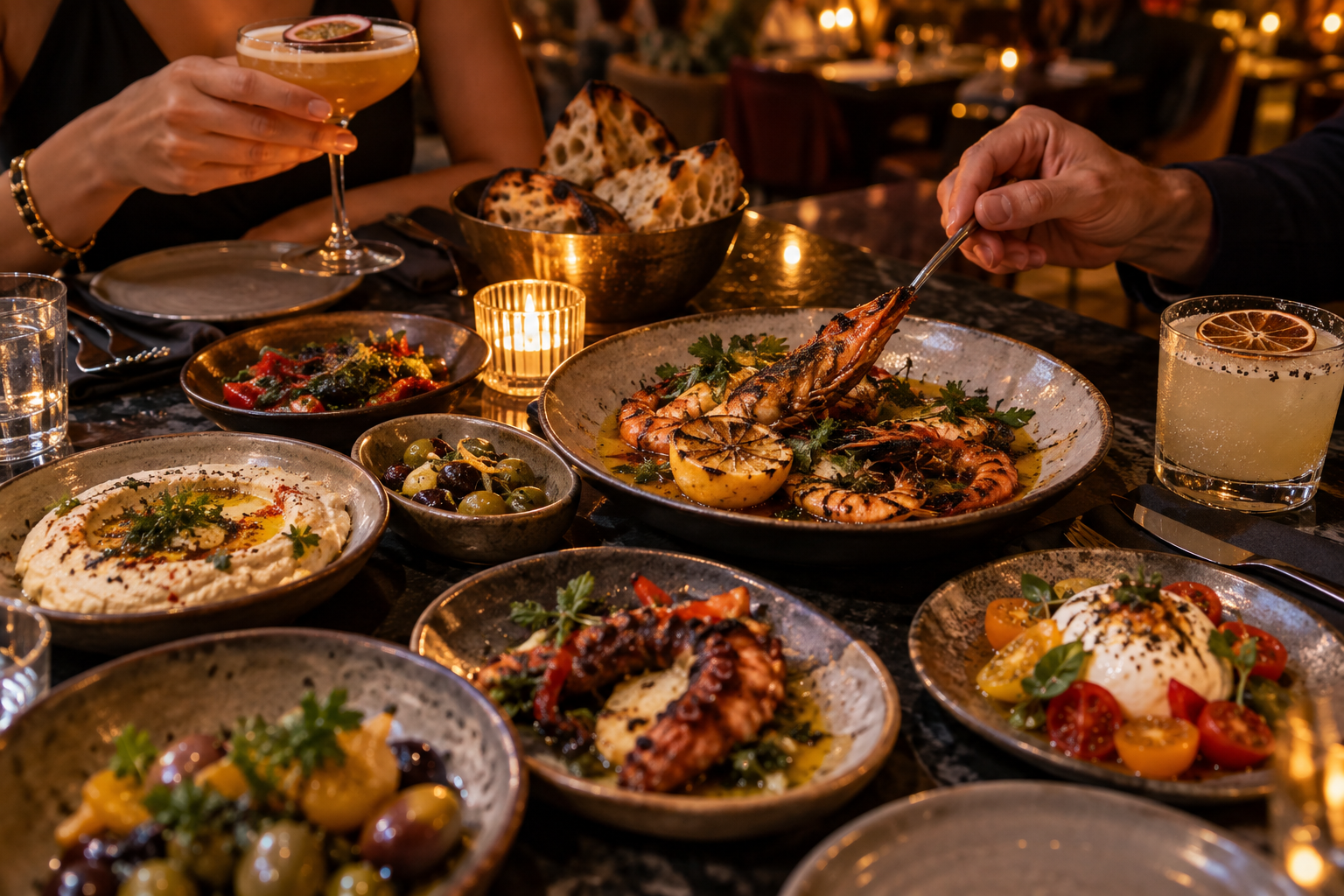 A Mediterranean dinner table set for two